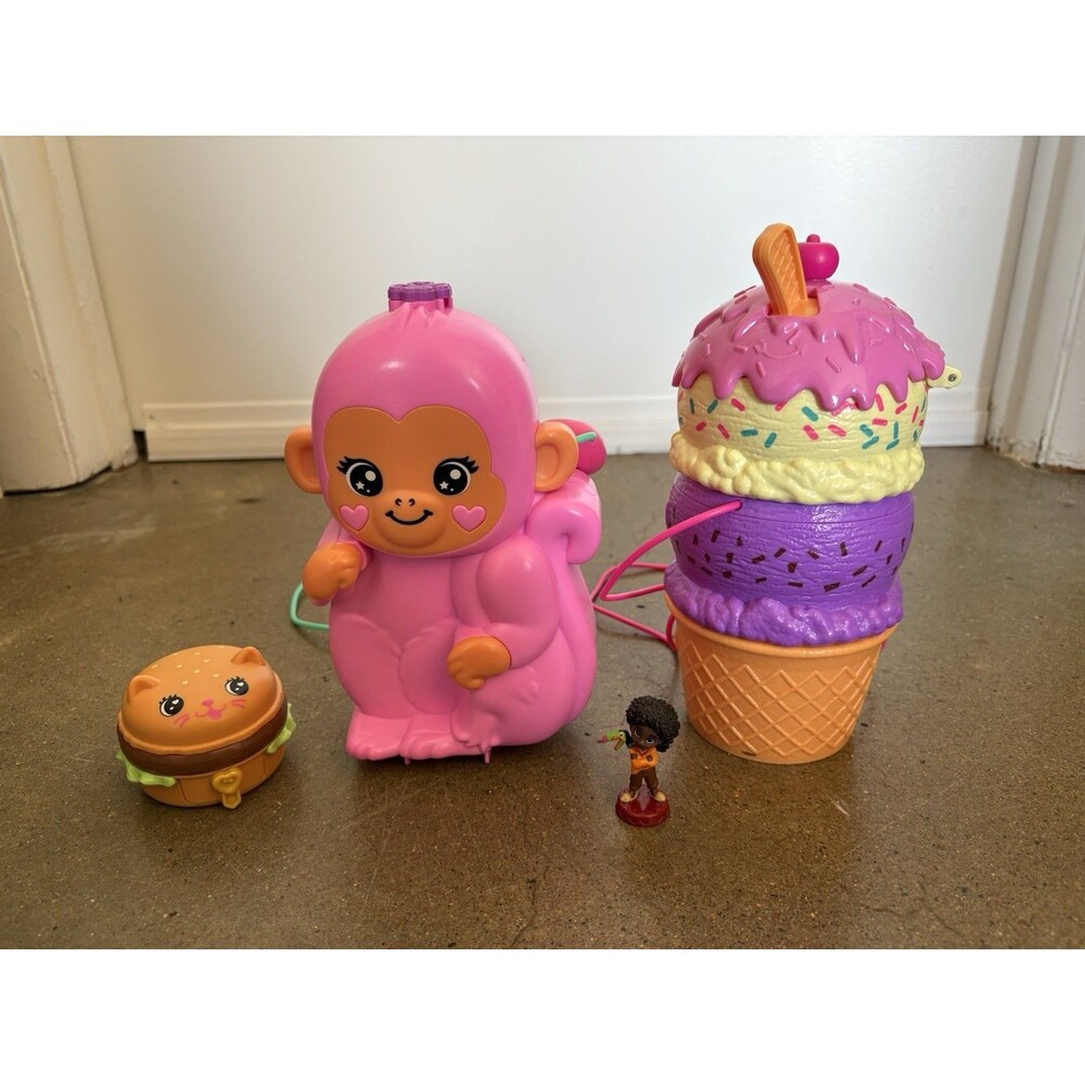 Lot of 3 Polly Pocket Playsets- Momma Monkey, Spin & Surprise Ice Cream Cone